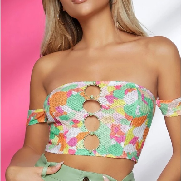 Chic Nation Tops - Tie Back cropped textured multi color top off shoulder
